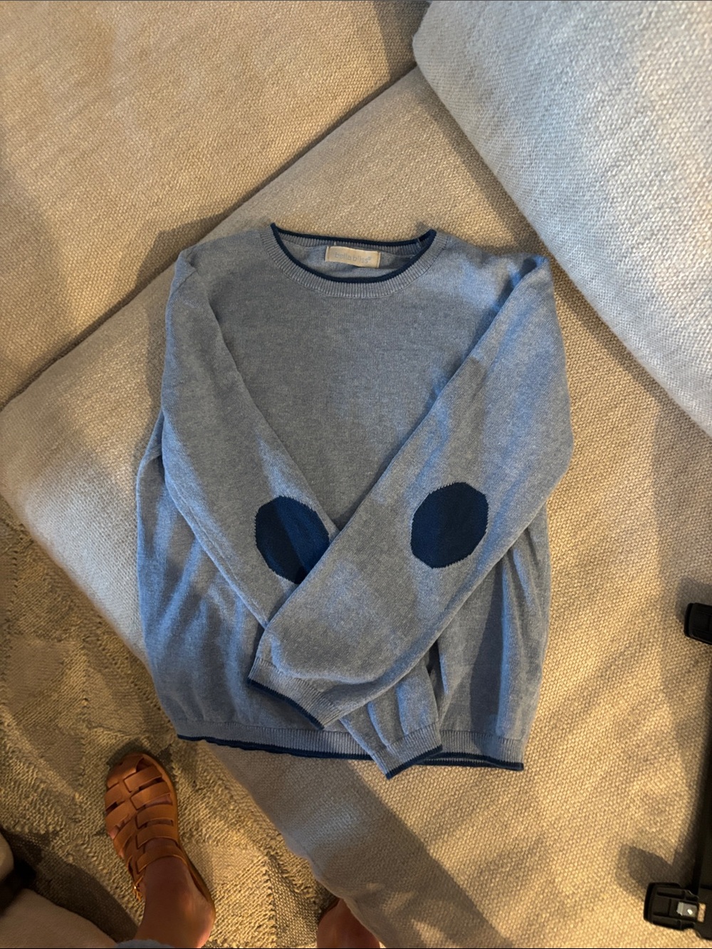 Boys Light Blue Crewneck Sweater with Navy Elbow Patches